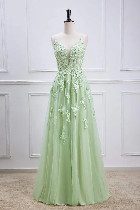 Big Savings casual day dressSage Green Plunging V Lace-Up Appliques A-line Long Prom Dress