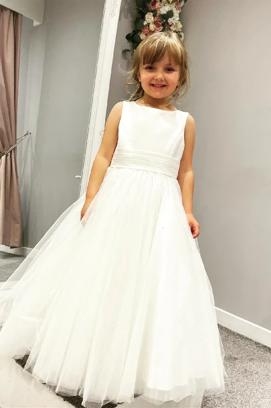 Exclusive Online Offer stylish dressWhite Jewel Sleeveless Beaded Long Flower Girl Dress with Pleated Sash