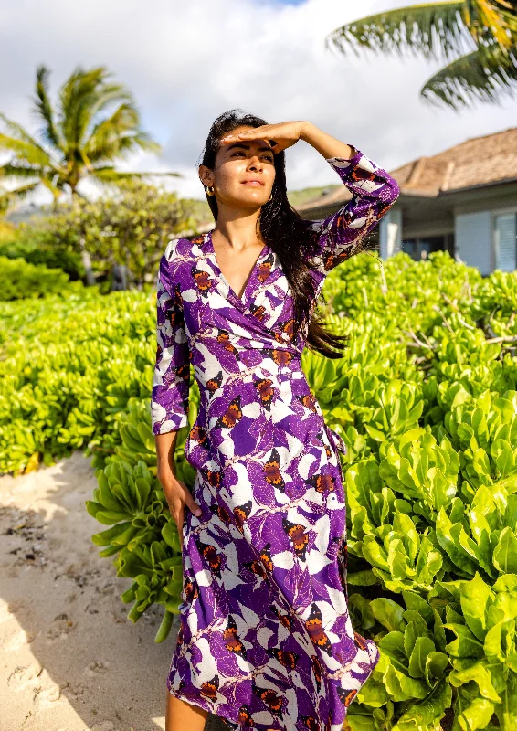 Price Smash MĀMAKI & BUTTERFLIES Purple Midi Wrap Dress