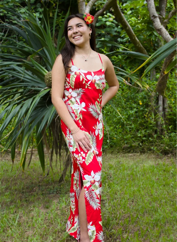 Big Savings Volcanic Red Long Hawaiian Dress with Skinny Straps