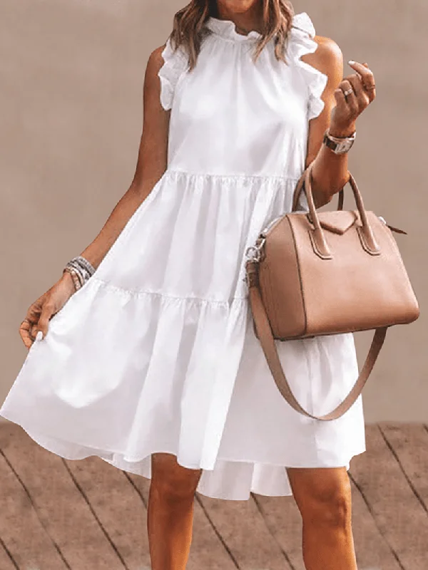 Massive Deals structured dressWomen Solid Color Ruffles Trim Sleeveless Simple Midi Dresses