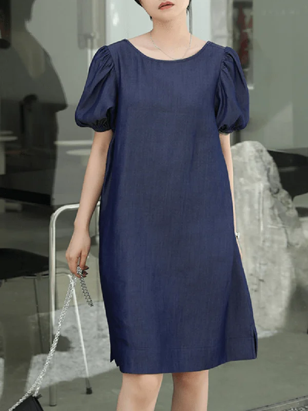 Unbeatable Prices spaghetti strap dressSolid Casual Crew Neck Puff Sleeve Pleated Plain A-Line Midi Dress