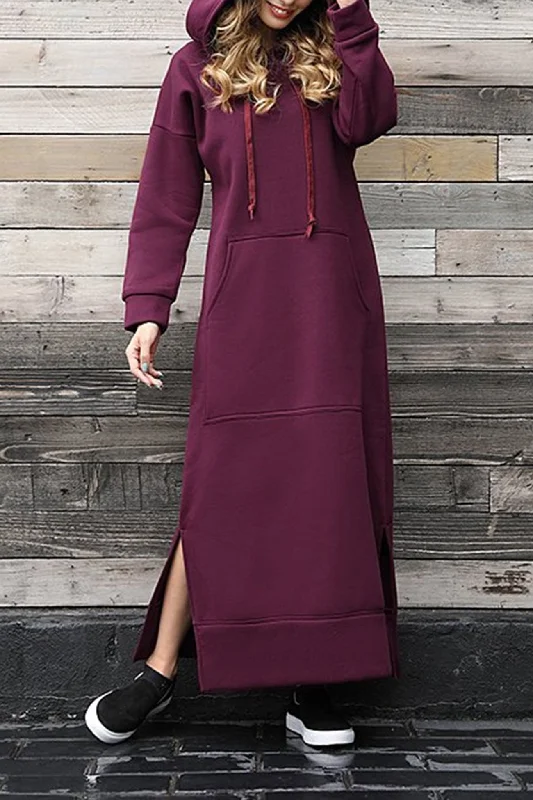 trendy bodycon dressSolid Pocketed Slit Hem Hoodie Dress