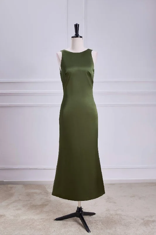 New Deals casual summer dressOlive Sleeveless Bow Tie Straps Mermaid Calf-Length Bridesmaid Dress