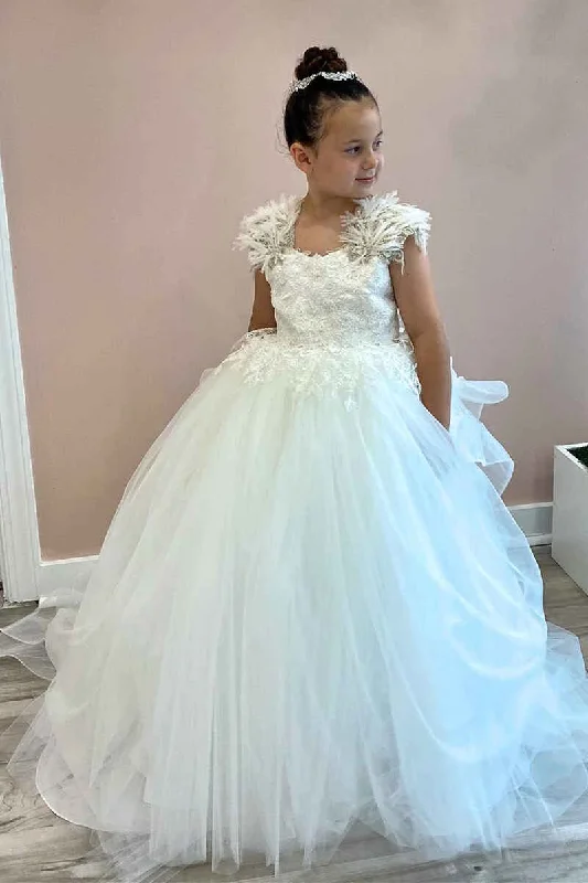 Take Advantage evening dressGlamorous White Tulle Backless Long Flower Girl Dress with Feathered Straps