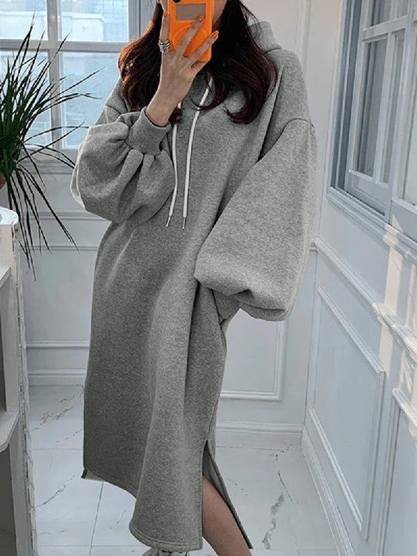 Special Discount vintage dressWomen Puff Sleeve Solid Color Split Side Pockets Hooded Maxi Length Loose Drawstring Midi Dresses