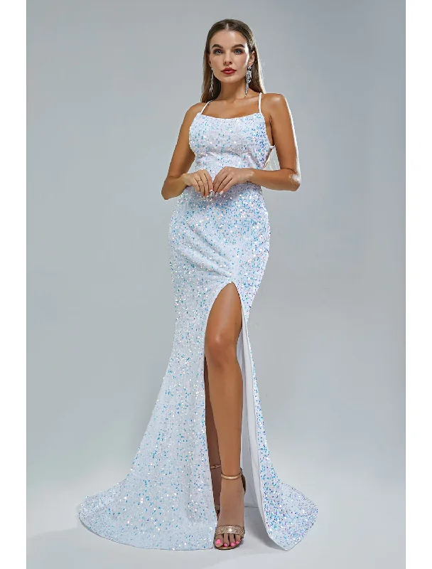 Sale Event Evening Gown Elegant Dress Party Wear Train Sleeveless Strap Lace Crisscross Back with Sequin Slit
