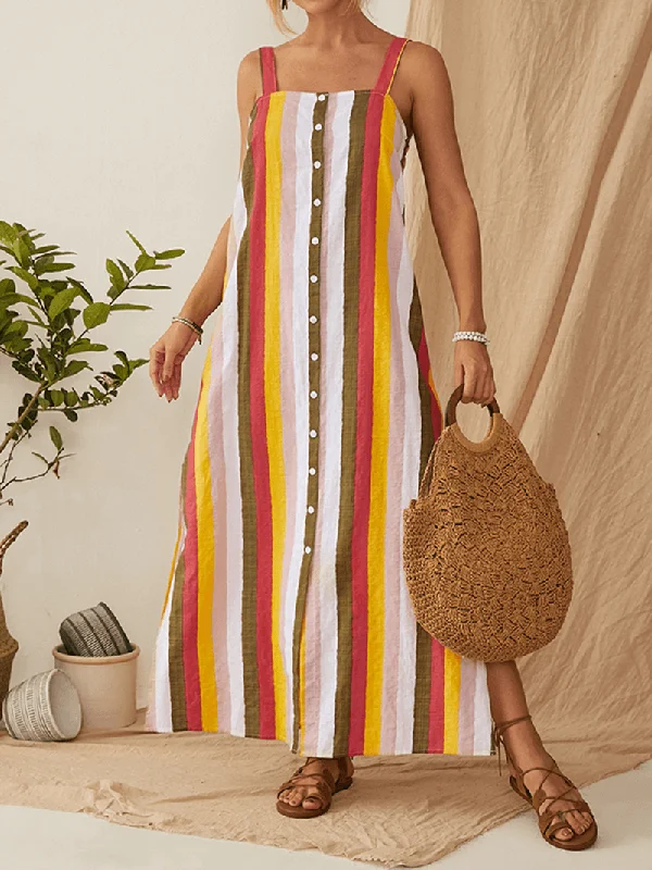 Year-End Sale comfy maxi dressStriped Button down Split Straps Women Casual Maxi Dress