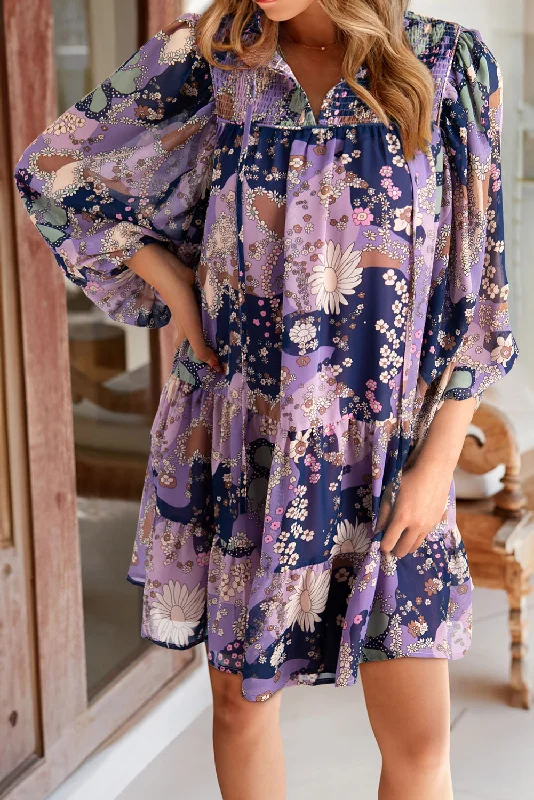 Exclusive Savings Purple Vintage Daisy Floral Puff Sleeve Ruffle Short Dress