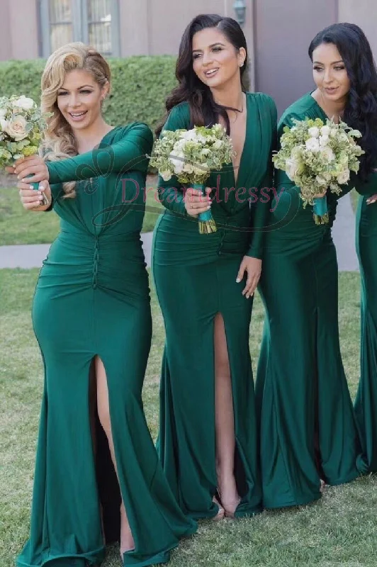 Don't Miss modern dressLong Sleeves Green Mermaid Long Bridesmaid Dress with Slit