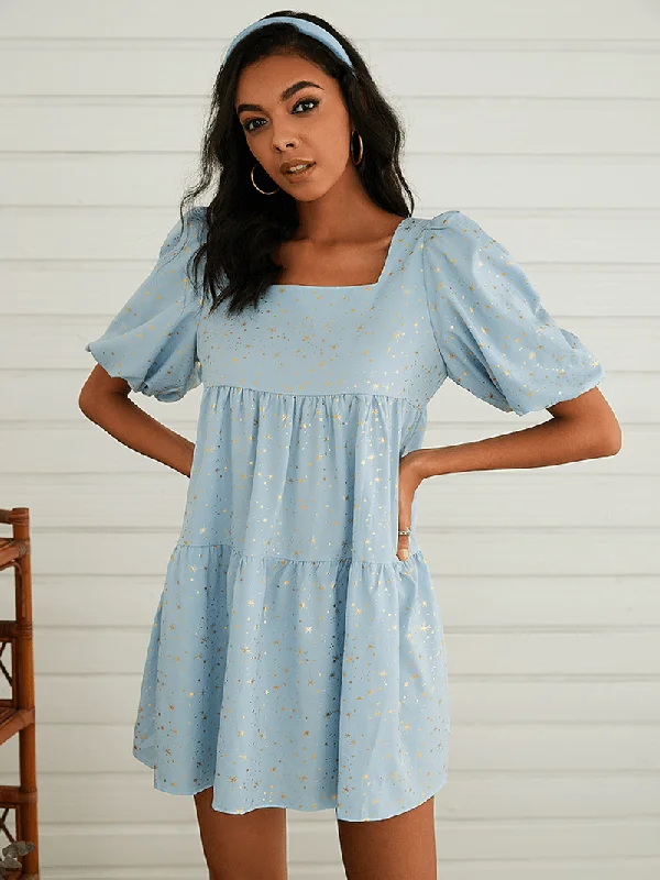 Special Discount vintage-inspired dressWomen Star Print Square Neck Back Lace-Up Layered Short Sleeve Mini Dress