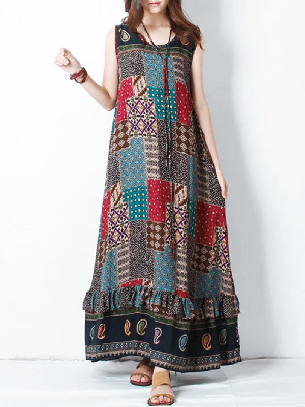 Special Offer sleek dressBohemian Women Sleeveless O-Neck Printed Maxi Tank Dress