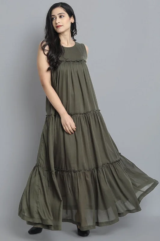 Time-Limited Offer Khaki Mul Cotton Sleeveless Graduated Dress