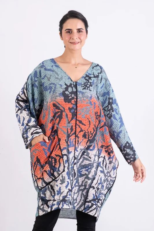 Deal Mania SUMMER BREEZE PRINT KANTHA DOLMAN SLV. DRESS - sz2410-blu -