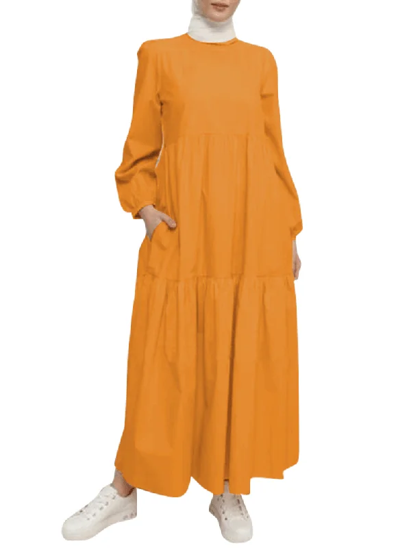 Huge Discounts minimalistic dressWomen Solid Crew Neck Layered Back Buttons Abaya Kaftan Dress