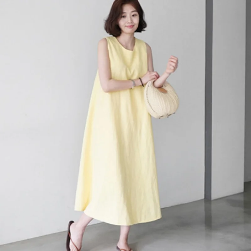 Overstock chic dressCotton Linen Sleeveless Vest Loose Slimming Dress Women