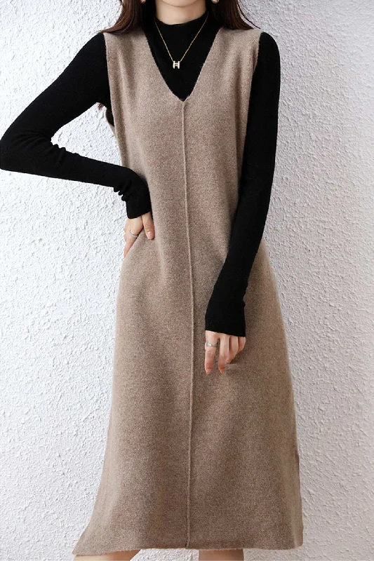 trendy bodycon dressV Neck Solid Color Wool Tank Dress