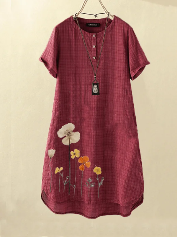 Sneak Peek Sale comfy dressWomen Flower Print High-Low Hem Short Sleeve Casual Dress