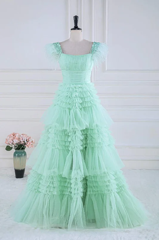 Early Access casual shift dressMint Green Floral A-line Layers Long Prom Dress with Feather