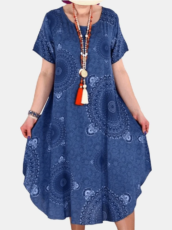 Mega Sale playful dressWomen Tribal Print round Neck Short Sleeve Vintage Dresses
