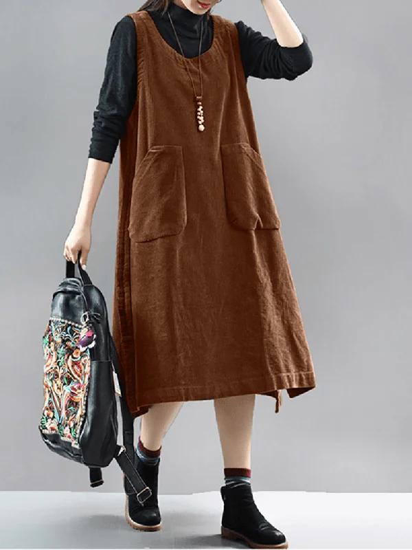 Flash Deals party-ready dressWomen Solid Corduroy Sleeveless Side Pocket Knee Length Midi Dresses