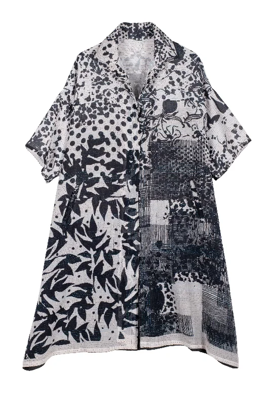 Closeout Sale MONOTONE TWILIGHT PRINT KANTHA HALF SLV. SHIRT DRESS - tp2429-wht -
