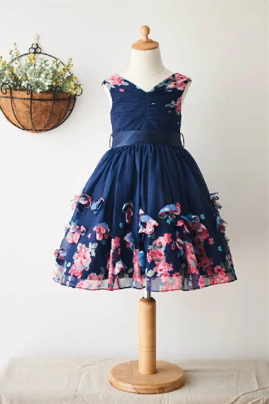 Limited Edition sleek midi dressV-neck Floral Nacy Blue Flower Girl Dress