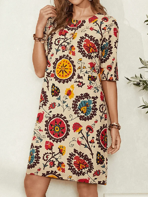 Buy Now fitted cocktail dressEthnic Style Print round Neck Bohemia Casual Midi Dress for Women