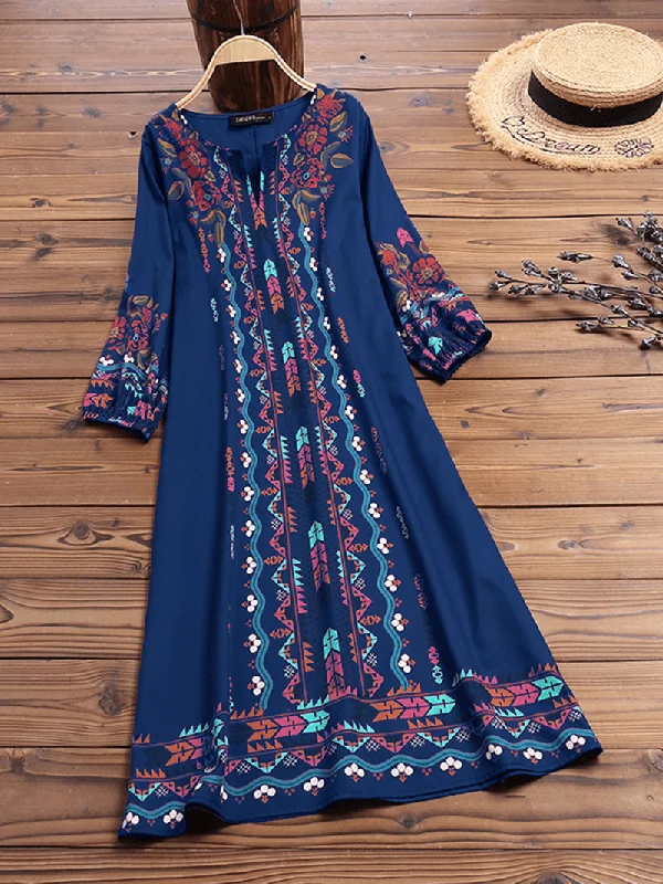 Deal of the Day elegant maxi dressWomen Vintage Floral Print V-Neck Puff Sleeve Dress