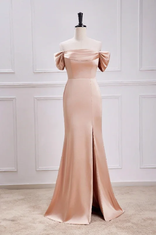 Savings Alert wool dressChampagne Off-Shoulder Mermaid Satin Long Bridesmaid Dress with Slit