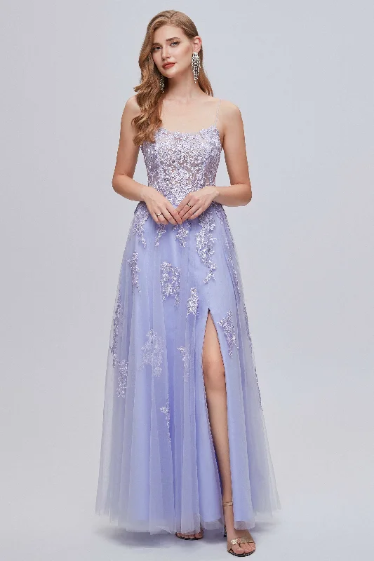 Inventory Reduction casual midi dressLilac Appliques Lace-Up A-Line Long Prom Dress with Slit