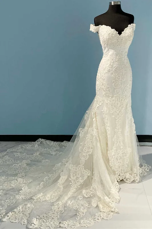 Hurry In cocktail dressLong White Lace Off-the-Shoulder Mermaid Wedding Dress