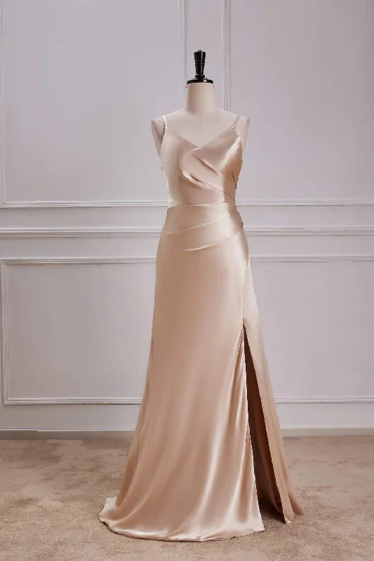 Bargain Bin casual knit dressChampagne V Neck A-line Satin Silp Long Bridesmaid Dress with Slit