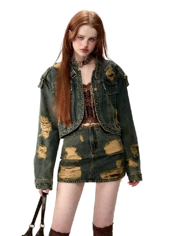 casual trench coatDouble-Layer Distressed Denim Jacket