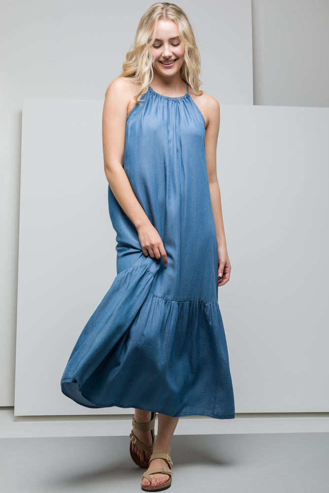 casual evening dressTiered Halter Neck Denim Dress Blue