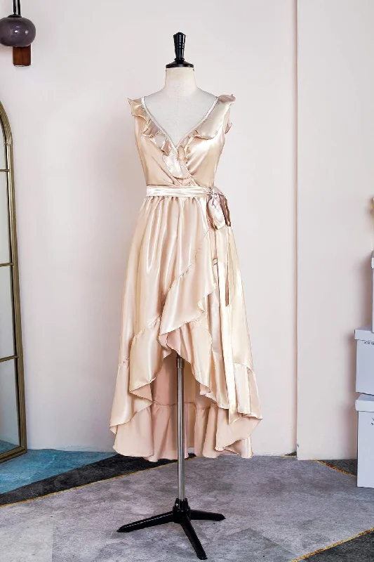 New Deals playful dressChampagne Ruffled Faux-Wrapped A-line Hi-Low Bridesmaid Dress with Sash
