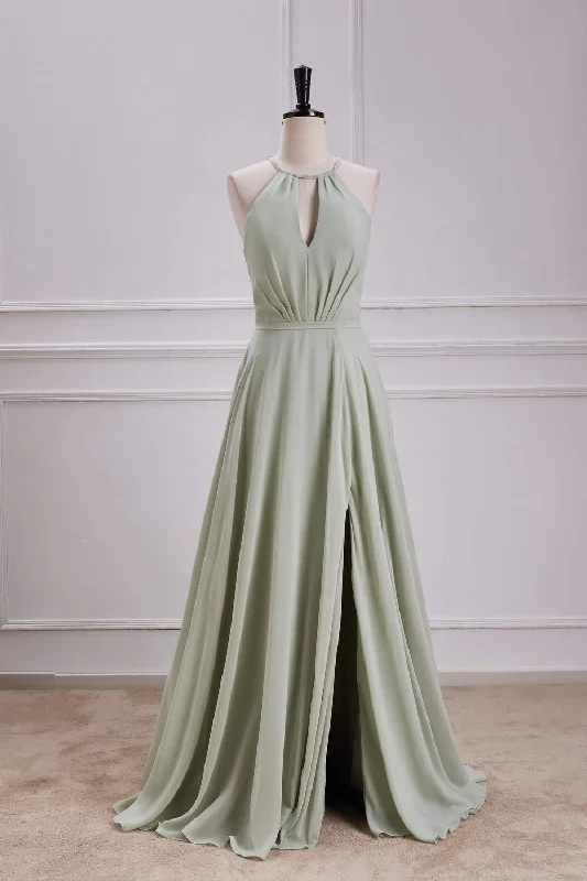 Bonus Savings midi dressDusty Sage Keyhole A-line Halter Long Bridesmaid Dress with Slit