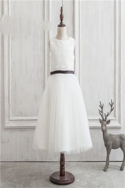 Low Prices cocktail party dressCute A Line White Tulle Applique Flower Girl Dress