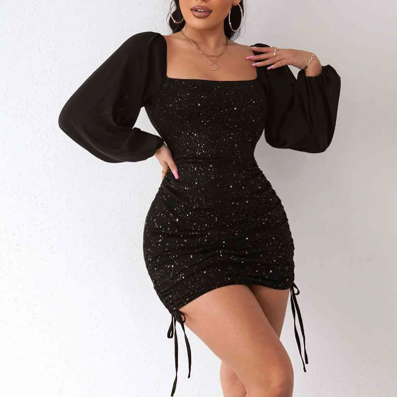 Reduced Prices comfy maxi dressSquare Neck Drawstring Ruched Sequin Long Sleeve Short Dress Reduced Prices comfy maxi dressSquare Neck Drawstring Ruched Sequin Long Sleeve Short Dress