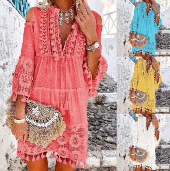 Weekend Special backless dressLace fringed mid-length lace shirt