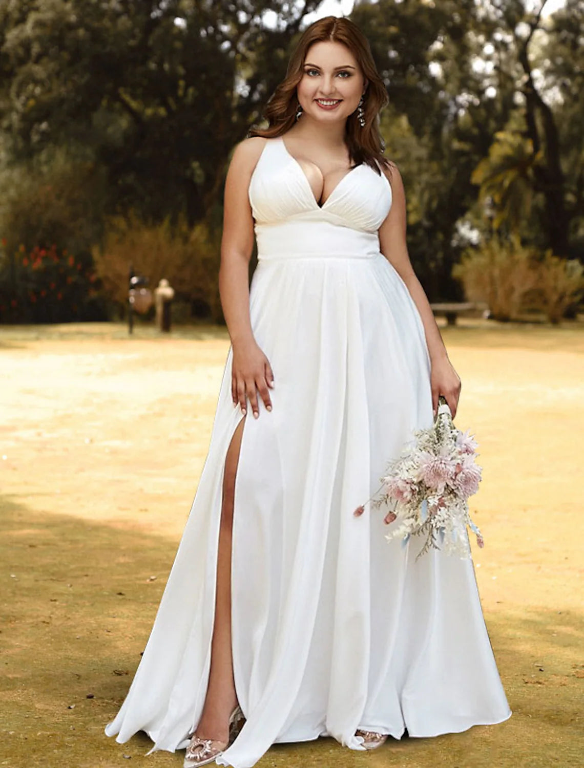 Seasonal Clearance Open Back Plus Size Wedding Dresses Floor Length A-Line Sleeveless Strap V Neck