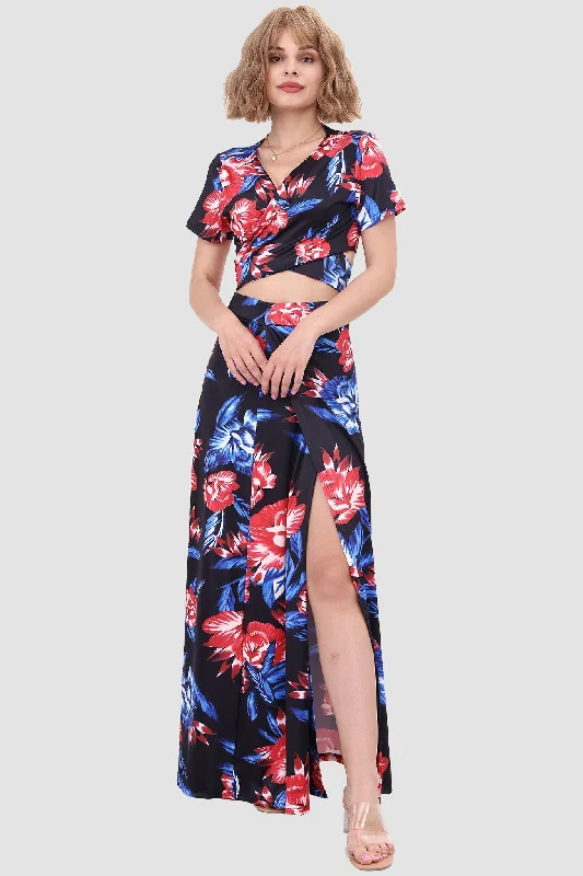 summer floral dressV-neck Printed Waist-revealing Two-piece Dress