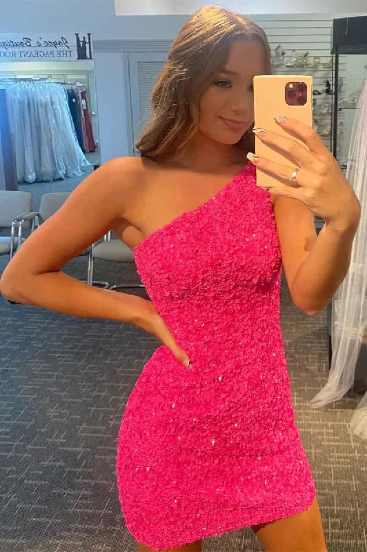 Final Sale lace dressHot Pink Sequin One-Shoulder Mini Homecoming Dress