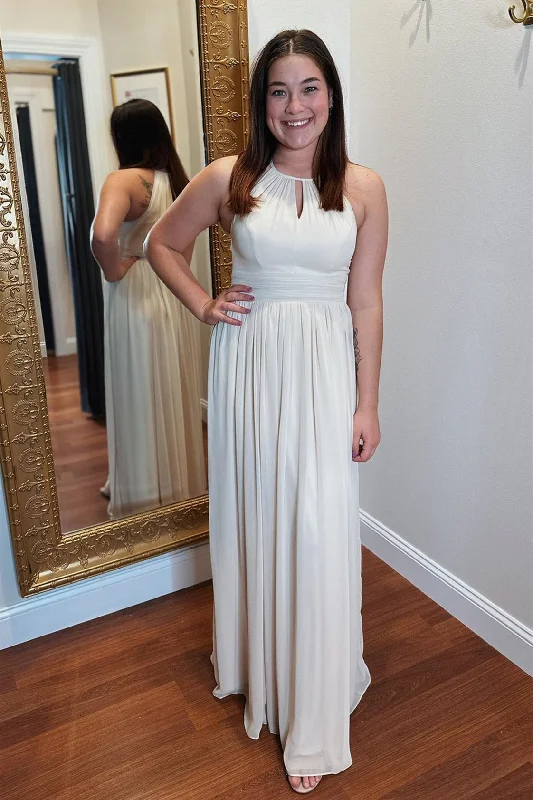 Steals and Deals luxury dressWhite Chiffon Halter Keyhole Long Bridesmaid Dress