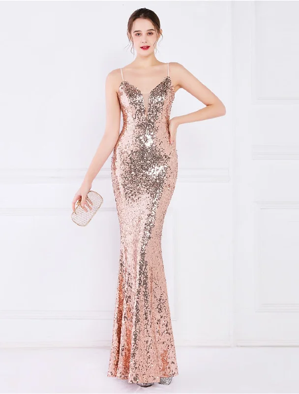 Quick Sale Evening Gown Elegant Dress Wedding Floor Length Sleeveless Strap Sequined V Back