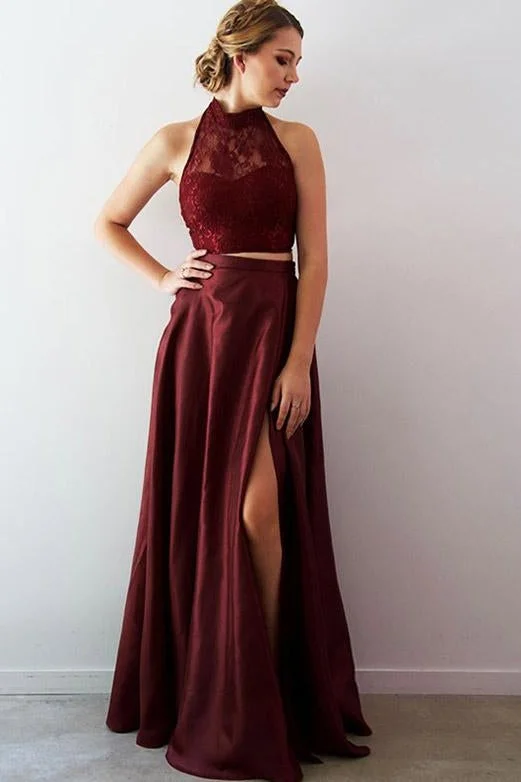 Super Deal Two Piece Lace A-Line Split Front Floor-Length Halter Prom Party Gowns