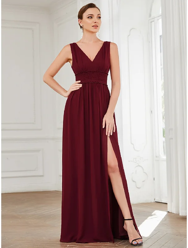Online Specials A-Line Evening Gown Minimalist Dress Wedding Guest Floor Length Sleeveless V Neck Chiffon with Pleats