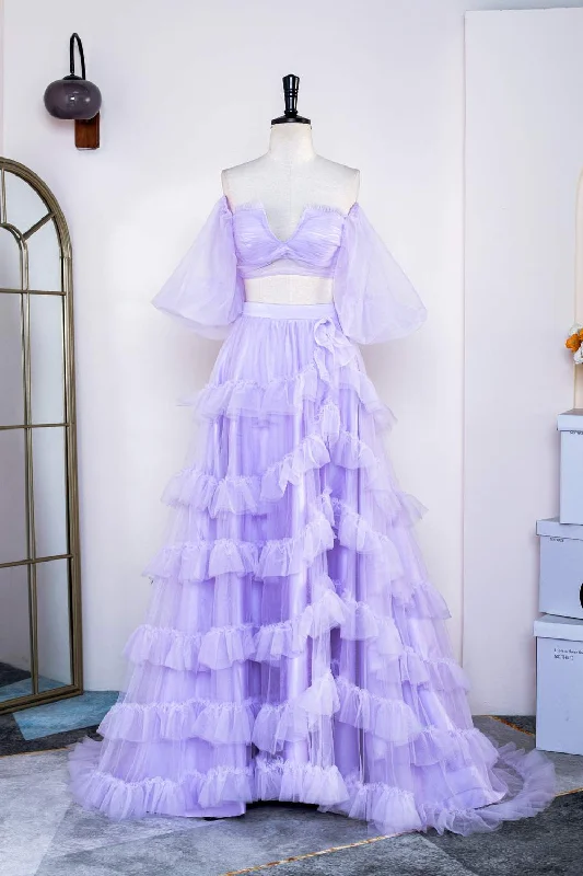 The Best Prices pleated maxi dressLavender Two-Piece Puff Sleeves Layers Long Prom Dress with Slit