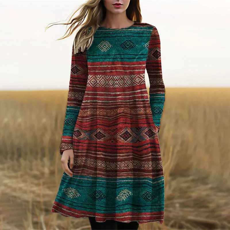 Value Deals casual dressVintage Ethnic Print Dress