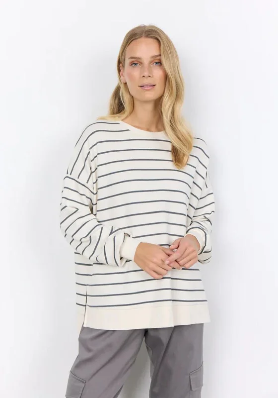 fleece hoodie for winterSoyaconcept Barni Round Neck Striped Sweatshirt, Cream